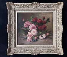 LEON HUBER (1858-1928) SIGNED FRENCH OIL PANEL - STILL LIFE - FLOWERS IN BASKET