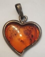 Ancien Pendentif Coeur en Ambre Et Argent Massif 925 Vintage 