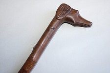 Ancienne canne, pommeau sculpté tête de chien bois de néflier épineux, 86 cm