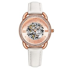 Montre Femme Stuhrling 3991 4 Automatique Squelette Cristal Accentué Cuir Blanc