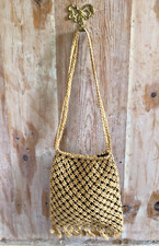 Vintage French Handmade Macrame Hessian String Lined Shoulder Bag Purse c1970s