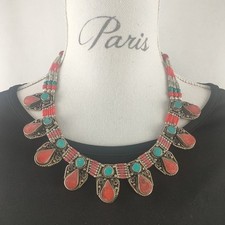 Collier Vintage Tibétain Népalais En Argent Turquoise Et Corai