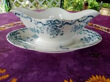 Saucière sur Plateau Faience de Longwy Modèle Manon Décor Floral Bleu 26cm