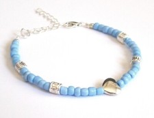 BRACELET PERLES CRISTAL BLEU TURQUOISE COEUR ET FERMETURE ARGENT P71