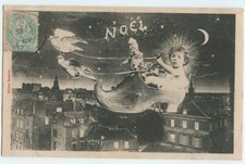 CPA PHOTO MONTAGE - NOEL - BEBE DANS UN SABOT/CHARIOT, MARIONNETTE