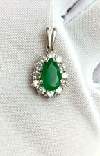 Vintage Pendentif or blanc 18 carats Emeraude poire et 12 diamants