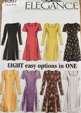 6567 PATRON SIMPLICTY "ELEGANCE" 8 CREATIONS ROBE MANCHES LONGUES COUR  34 AU 44