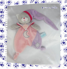 Doudou Peluche Plat Chat Gris Rose Et Mauve Lune Etoile Luminescent Babynat