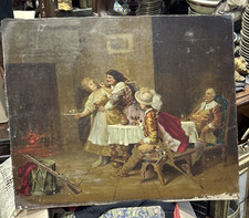 ancien tableau huile sur toile scene de taverne et mousquetaire romantique signé