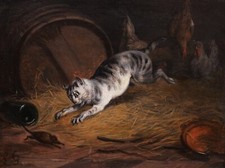 Tableau encadré Chat Souris art animalier peintre lyonnais Louis GUY Lyon 19ème
