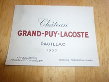étiquette vin ancien chateau Grand Puy Lacoste Pauillac 1953 cru classé Nicolas