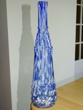UNE ANCIENNE BOUTEILLE VERRERIE MOUCHETEE COULEURS BLANC ET BLEU ht 30 cm CLICHY