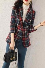 Veste Tailleur Blazer Séparé Bureau Slim Bleu Rouge Écossais Tweed 44585