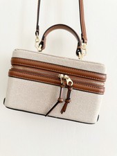 Zara Sac a main Bandoulière Rigide en toile ecru et cuir écologique cognac