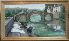 TABLEAUX MODERNES XXème - HUILE SUR TOILE QUIMPERLE FEMMES AU LAVOIR SUR L'ELLE