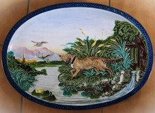 3234* sarreguemines grand plat décoratif en barbotine polychrome ancien 55 cm