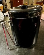 SEAU A GLACONS VINTAGE EN PLASTIQUE NOIR POIGNEES INOX INTERIEUR PLASTIQUE BLANC