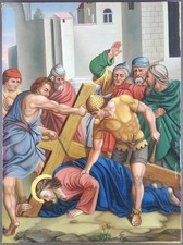 Ancien Tableau "Jésus Tombe pour la Deuxième Fois" Peinture Huile Oil Painting