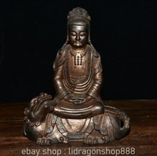 10" Old Tibet Bronze Gilt Kwna-yin Guan Yin Goddess Ride Beast Statue