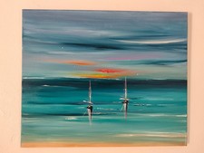 tableau Moderne abstrait - art contemporain  - marine colorée bateaux voiliers