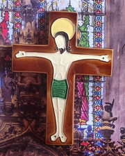 MAGNIFIQUE CRUCIFIX JESUS CHRIST CORPUS CHRISTI EN CERAMIQUE DE BAYER KERAMIEK