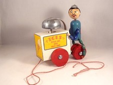 Ancien jouet tirer bois Glacier triporteur England Good-Wood Toys LTD 1940