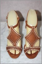 MINELLI Sandales Cuir Brodé Marron T 36 ETAT NEUF