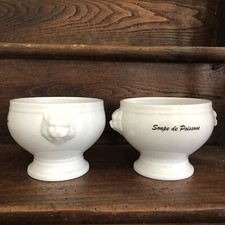Set of 2 French White Porcelain Lions Head Soup Bowls Footed Pedestal NEM FRANCE