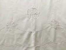 linge ancien Drap de Mariage En Lin Brodé Monogramme MR, Retour Brodé + 2 Taies