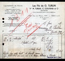 PARIS (XIX°) CALENDRIERS de poche , MENUS "Vve TURLIN & C. COUTAND" Facture 1937