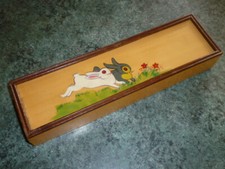 PLUMIER VINTAGE BOIS PLASTIQUE DECOR LAPINS PAQUES TROUSSE ECOLIER