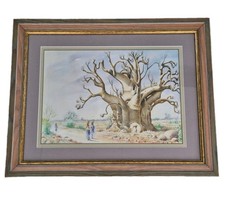 peinture ancienne Paysage Savane Africain Arbres Baobab Tableau Encadré Signé 