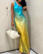 Zara Asymétrique Cravate Teinture Robe Satin Ombre Long Maxi Bleu Jaune XL