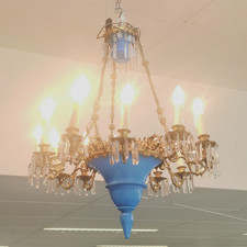 LUSTRE D'Eglise BLEU 12 FEUX XIXe BRONZE Opaline Pampilles Luminaire 99MAG 26/08