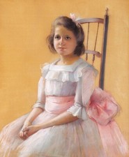 Dessin pastel tableau 1900 encadré portrait petite fille enfant robe rose Guérin