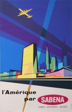 E.C. SABENA LIGNES AERIENNES BELGES AMERIQUE1956 VINTAGE POSTER