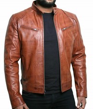 Blouson homme style rétro en cuir véritable marron motard moto vintage jacket