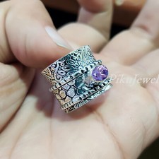 Bague toupie en argent sterling 925 pierre précieuse taillée améthyste violet...