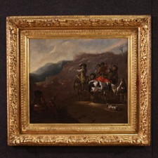 Tableau ancien flamand huile toile chasse peinture paysage chevaux 17ème siècle