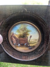 Miniature peinte 19 ème paysage Scène du Moyen Âge 