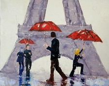 Toile originale au couteau de NOLAC 41x33 cm  les parapluies rouges de Paris