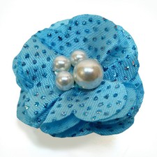 Bague Fleur BLEU CLAIR tissu pailleté et PERLES Blanche réglable Taille 50 à  60