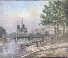 Tableau Peinture 20èm XXèm Signé Notre Dame de Paris Paysage Quai de Seine animé