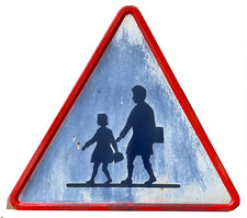 Ancienne Plaque émaillée Panneau de signalisation Attention École années 1960