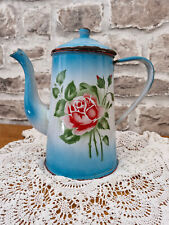 CAFETIERE EMAILLE  ANCIENNE   BLEU DECOR ROSE  ROUGE   /   ENAMELWARE COFFE POT