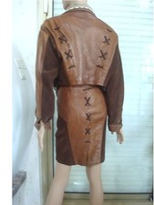 ORIGINAL ENSEMBLE BLOUSON + JUPE CUIR AGNEAU & DAIM VERITABLE CAMEL NEUF T 38/40