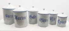 ❤️ Vintage 40's. Série de 6 Pots Alimentaires Émaillés. Liseré Bleu. Bon état 