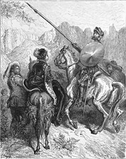 DON QUICHOTTE sur son cheval ROCINANTE admiré par une DAME - Gravure du 19e s.
