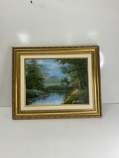 Tableau peint sur toile cadre dorée décors rivière forêt cabane signee TO