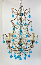 Lustre à pampilles italien perles bleues et bois doré